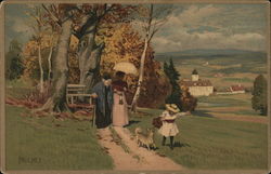 Two Women Walking with Girl and Dog Near Town Art Postcard Postcard