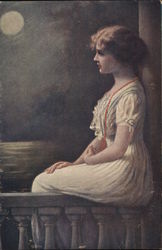 Woman Seated on Railing Near Moonlit Water Women Postcard Postcard