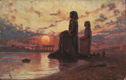 Large Stone Figures Seated Near Ruins and Sunset Art Postcard Postcard