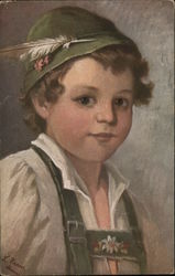 Curly-Haired Boy in Green Hat with Feather Postcard