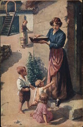 Woman Holding Bowl with Three Children at Her Feet Postcard