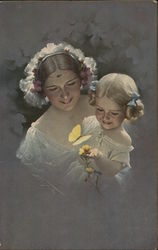 Woman Holding Blond Girl Near Yellow Flower, Butterfly Postcard