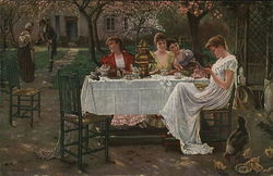 Four Ladies Seated at Outdoor Table, Gentleman Caller Approaching Postcard