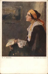 Dark-Haired Woman Holding Book, Seated Near Painting Postcard