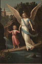 Angel Holding Hand of Child Walking on Rock Above Water Postcard