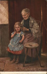 Older Woman Braiding Young Blond Girl's Hair Postcard