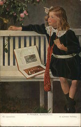 Little Blond Girl on White Bench Reading a Book Postcard