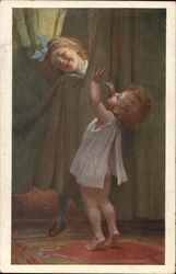 Toddler and Child Playing Near Green Curtains Children Postcard Postcard