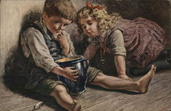 "Little Gourmets" Boy and Girl With Large Blue Jar Children Postcard Postcard