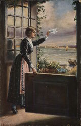 Woman at Window Waving White Handkerchief at Ships Postcard