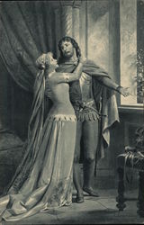 Woman in Flowing Long Dress Embracing Man Wearing Sword Postcard