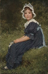 Girl in Blue Dress and White Hat Seated on Grass Postcard