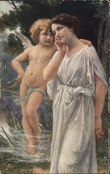 Blond Cupid, Angel with Arm Around Young Woman Postcard