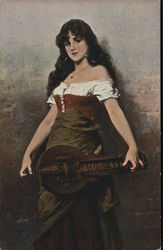 Young Woman with Long Dark Hair Holding Stringed Instrunent Postcard