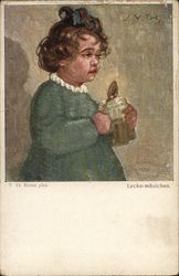 Little Girl Wearing Green Dress Holding Jar and Spoon Children Postcard Postcard