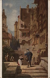 Street Scene of Postman Handing Letter to Woman Art Postcard Postcard