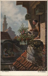 Man and Woman Watering Flowers in Two Different Windows Postcard