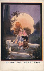 Boy and Girl Caricatures Kissing on Fence with Full Moon Children Postcard Postcard