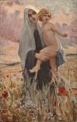 Woman Wearing Head Covering Carrying Blond Child in Meadow Postcard