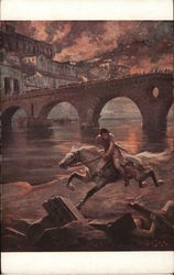 Man Near Viaduct Riding Horse Rapidly While City Burns Art Postcard Postcard