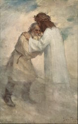 Jesus Wearing Thorns on Head Embracing Elderly Man Postcard