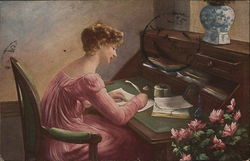 Woman Writing "Poesie" Postcard