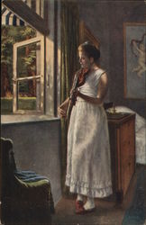 Woman with Violin at Window Postcard