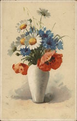 Bouquet of Daisies, Orange and Blue Flowers in White Vase C. Klein Postcard Postcard