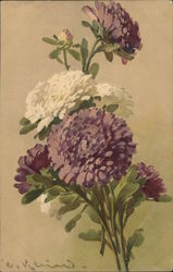 Purple and White Flowers with Green Stems and Leaves Postcard