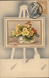 Easel Holding Painting of Yellow and Orange Flowers C. Klein Postcard Postcard