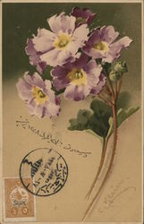 Purple Flowers with Yellow Centers, Green Leaves Postcard