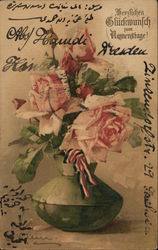 Pink Roses in Green Vase with Red, White, Blue Ribbon Postcard