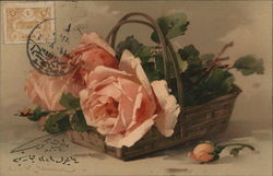 Pink Roses with Green Leaves in Basket Postcard