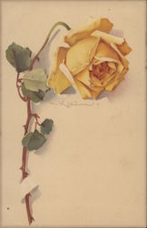 Yellow Rose With Stem and Thorns Postcard