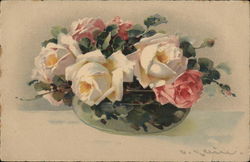 Yellow and Pink Roses in Clear Bowl Postcard