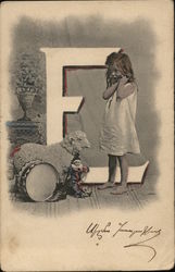 Little Girl Standing Near Large Letter "E" and Toys Alphabet Letters Postcard Postcard