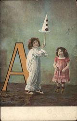 Two Little Girls Near Large Letter "A" Postcard