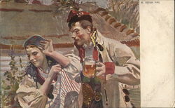 Man Holding Mug of Beer Approaching Woman Postcard