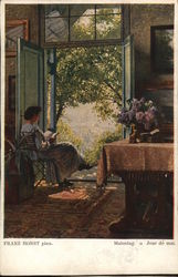 Woman Seated, Reading Book Near Open Doors Postcard