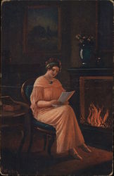 Woman in Orange Dress Reading Letter Near Fireplace Postcard