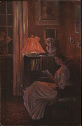 Woman Seated Near Lamp Reading Book Women Postcard Postcard