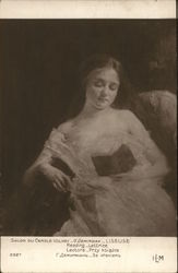 Woman in White Dress Reading a Book Postcard