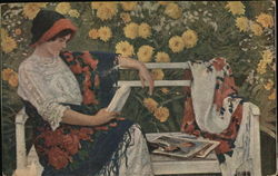 Woman Seated on Bench with Magazines Near Flowers Women Postcard Postcard