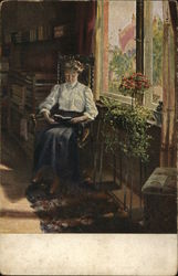 Woman Seated in Ornate Chair, Reading Book Near Window Women Postcard Postcard