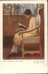 Girl in Yellow Dress Seated in Chair Reading Book Children Postcard Postcard