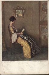 Young Woman Wearing Gold Dress in Chair Reading a Book Children Postcard Postcard