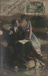 Man and Woman Sitting Close Together with Book Romance & Love Postcard Postcard