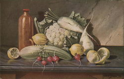 Assortment of Vegetables and Lemons Near Brown Bottle Still Life Postcard Postcard