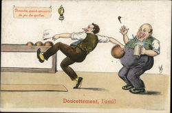 Bowler Inadvertently Hits Man in Belly Behind Him Postcard