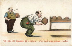 Cartoon of man spitting on bowling ball Postcard